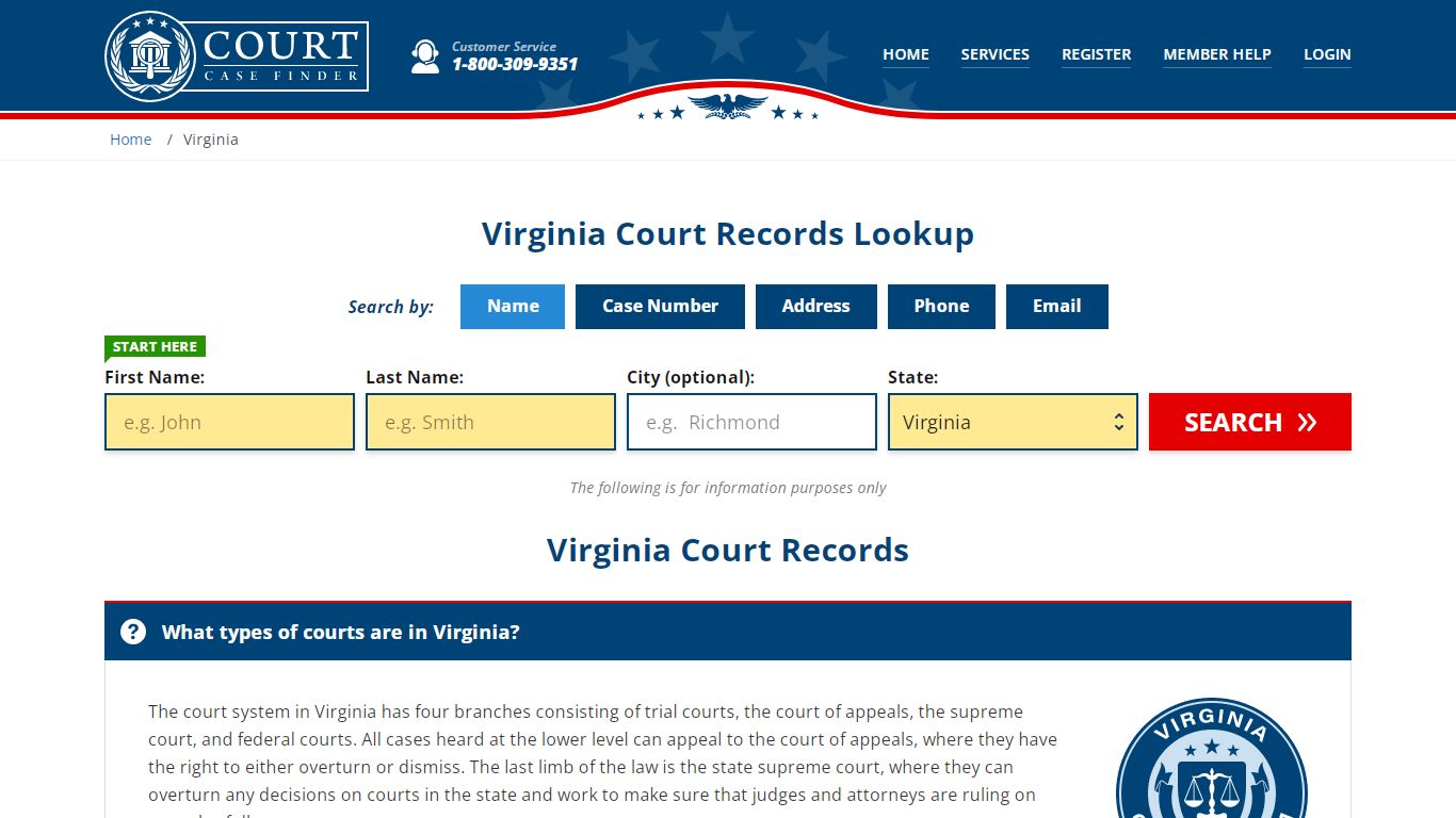 Virginia Court Records Lookup - VA Court Case Search - CourtCaseFinder.com